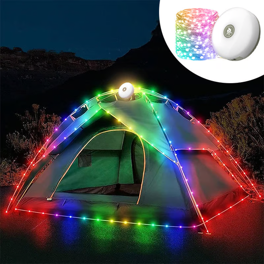 USB Rechargeable Camping String Lights – 32.8ft RGB Outdoor Tent Light with 8 Modes, Waterproof LED Fairy Lights, Portable with Magnet Hook & Type-C Quick Storage