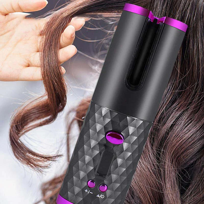 Automatic Cordless Hair Curler, USB Rechargeable Rotating Ceramic Curling Iron with 6 Temperature & Timer Settings, Portable Hair Styling Wand with Digital Display