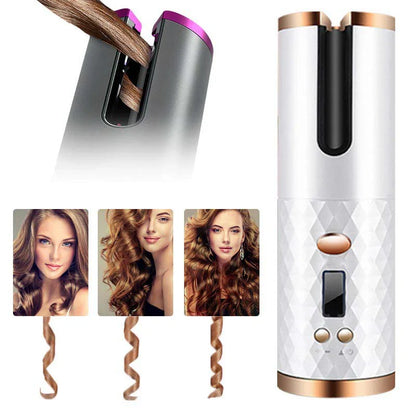 Automatic Cordless Hair Curler, USB Rechargeable Rotating Ceramic Curling Iron with 6 Temperature & Timer Settings, Portable Hair Styling Wand with Digital Display