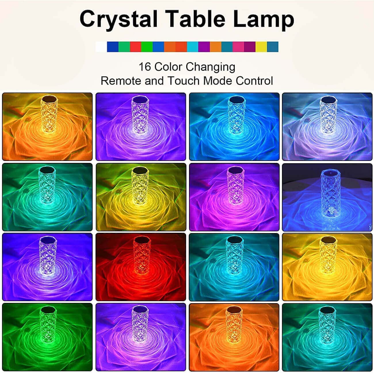 Crystal Table Lamp with Touch & Remote Control, 16-Color RGB Rose Diamond LED Night Light, Rechargeable USB Lamp for Bedroom, Party, and Decoration