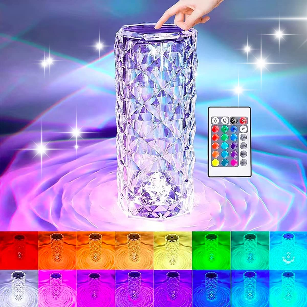 Crystal Table Lamp with Touch & Remote Control, 16-Color RGB Rose Diamond LED Night Light, Rechargeable USB Lamp for Bedroom, Party, and Decoration