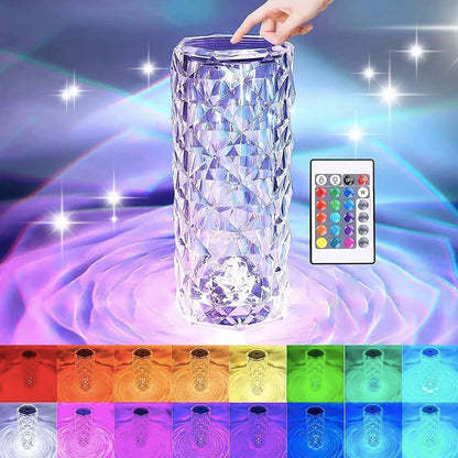 Crystal Table Lamp with Touch & Remote Control, 16-Color RGB Rose Diamond LED Night Light, Rechargeable USB Lamp for Bedroom, Party, and Decoration