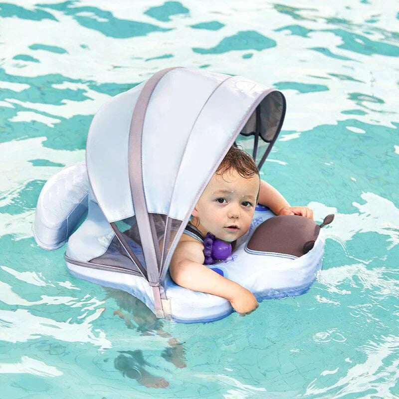 Mambobaby Non-Inflatable Baby Swim Float with Canopy, Upright Swim Trainer for Infants & Toddlers 3-48 Months, Solid Pool Float for Safe Swimming