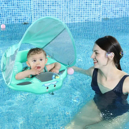 Mambobaby Non-Inflatable Baby Swim Float with Canopy, Upright Swim Trainer for Infants & Toddlers 3-48 Months, Solid Pool Float for Safe Swimming