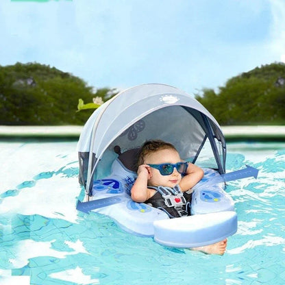 Mambobaby Non-Inflatable Baby Swim Float with Canopy, Upright Swim Trainer for Infants & Toddlers 3-48 Months, Solid Pool Float for Safe Swimming