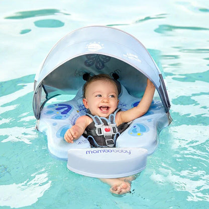 Mambobaby Non-Inflatable Baby Swim Float with Canopy, Upright Swim Trainer for Infants & Toddlers 3-48 Months, Solid Pool Float for Safe Swimming