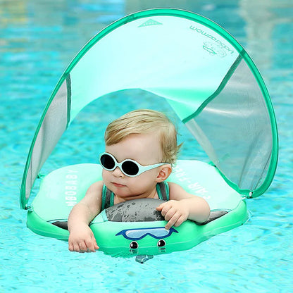 Mambobaby Non-Inflatable Baby Swim Float with Canopy, Upright Swim Trainer for Infants & Toddlers 3-48 Months, Solid Pool Float for Safe Swimming