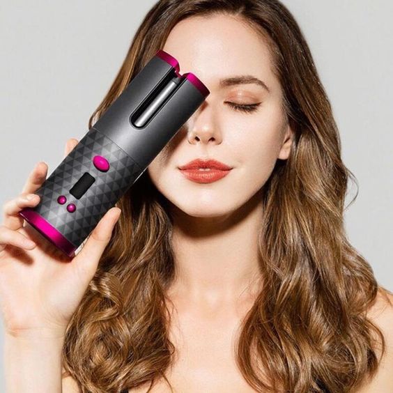 Automatic Cordless Hair Curler, USB Rechargeable Rotating Ceramic Curling Iron with 6 Temperature & Timer Settings, Portable Hair Styling Wand with Digital Display