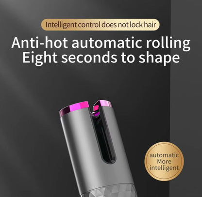 Automatic Cordless Hair Curler, USB Rechargeable Rotating Ceramic Curling Iron with 6 Temperature & Timer Settings, Portable Hair Styling Wand with Digital Display