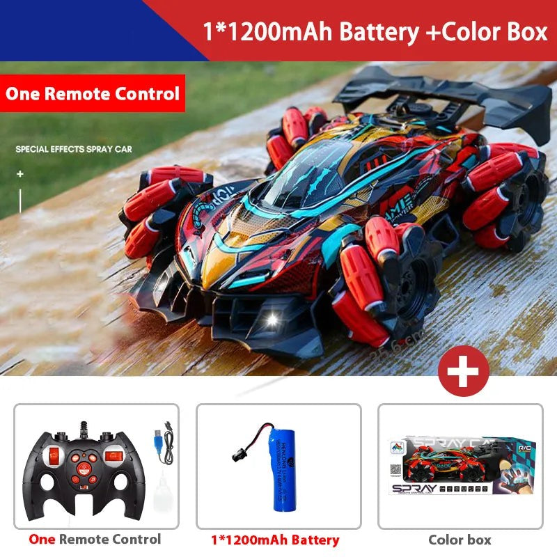 4WD Gesture Sensing RC Stunt Car, 360° Rotating Off-Road Remote Control Car with Lights, Music & Spray, 2.4GHz Dual Control Mode, for Boys & Girls, Includes 2 Batteries