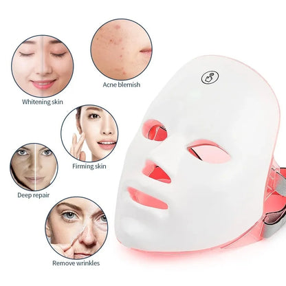 7-Color LED Face and Neck Light Therapy Mask – Red and Blue Light Therapy for Anti-Aging, Skin Care, and Relaxation Treatment at Home